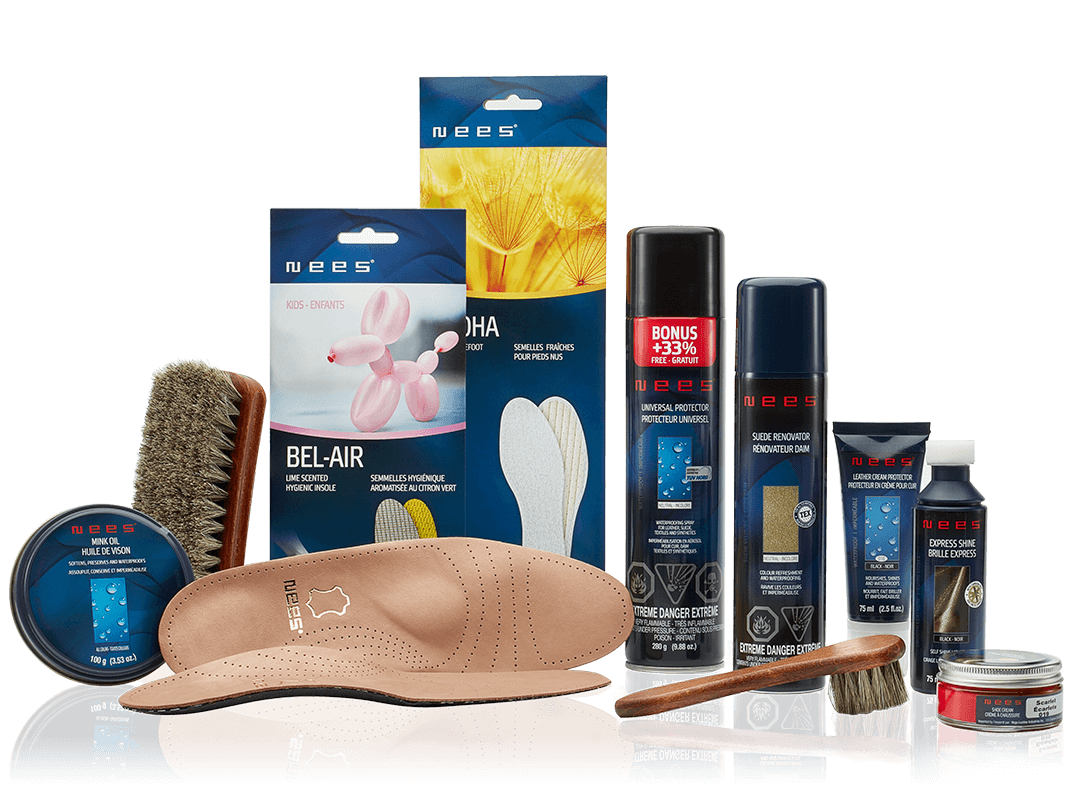 Nees insoles and shoe care products.